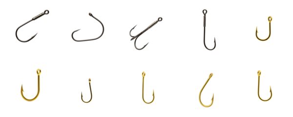 Various fishing hooks in different styles isolated on a transparent background  