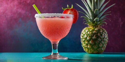 Frosted glass filled with frozen strawberry slush, sugared rim, garnished with strawberry and lime wedge.