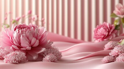 Pink flowers and smooth fabric create a beautiful background. Romantic floral concept for greeting card and festive celebration.