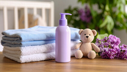 A moisturizing lotion bottle with pastel purple cap placed on a wooden baby changing table, with folded clothes and soft plush toy beside it
