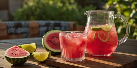 Hand pouring vibrant pink watermelon agua fresca from pitcher into ice-filled glass, sliced watermelon and lime on wood.