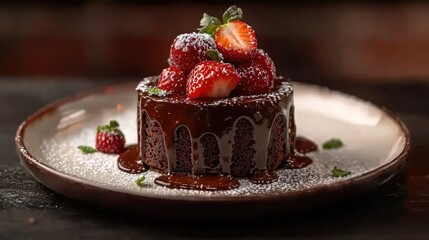 Chocolate cake with fresh strawberries and chocolate icing.