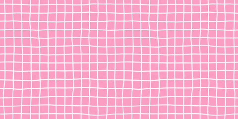 Check seamless pattern grid hand-drawn lines creating a playful background with pink square and wavy doodle textured stripes, perfect for cute designs and modern decor in vector crayon illustration.