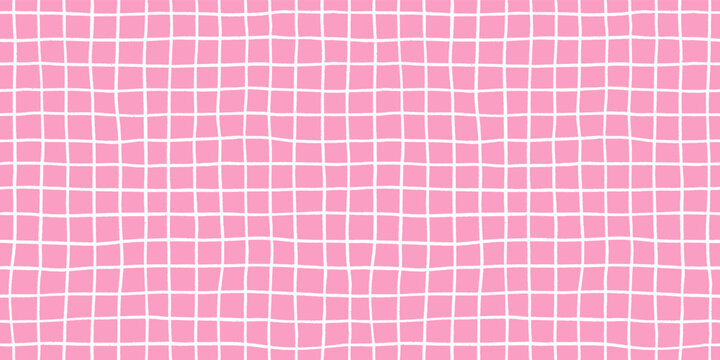 Check seamless pattern grid hand-drawn lines creating a playful background with pink square and wavy doodle textured stripes, perfect for cute designs and modern decor in vector crayon illustration.