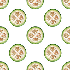 Green feijoa, watercolor seamless pattern on a white background. Hand-drawn fruit illustration for design, fabric, paper, wrapper, cover, packaging.