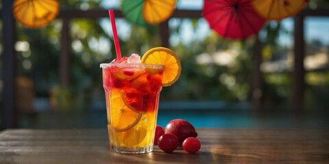 Bright fruit punch in colorful plastic cup with citrus slices, cherries, and paper umbrella garnish.