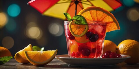 Bright fruit punch in colorful plastic cup with citrus slices, cherries, and paper umbrella garnish.