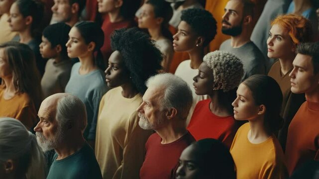 A diverse group of people standing in a row, unified and facing forward.
