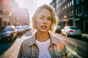 Urban Woman with Bob Haircut in Golden Hour Light