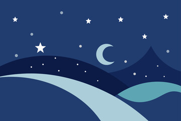 Naklejka premium Serene Night Sky Starry Landscape with Crescent Moon and Gentle Hills