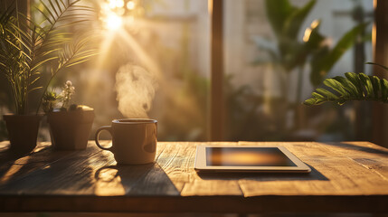 A rustic wooden desk with visible wood grain, a tablet glowing slightly and a mug of coffee beside it