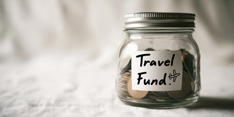 Glass jar with coins labeled travel fund suitable for financial concepts, savings goals, budgeting tips, money management blogs, and travel themed designs.