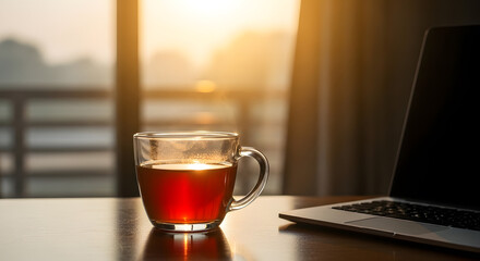Morning Light: Tea and Laptop on Wooden Desk