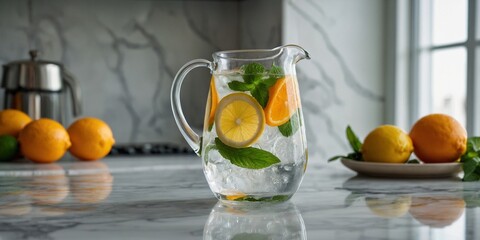 Clear glass pitcher of citrus-infused water with lemon, lime, orange slices, and mint sprigs, condensation on glass.