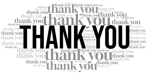 Word cloud illustration featuring the phrase “Thank You” prominently in the center, surrounded by many variations of “thank you” repeated in different sizes and orientations. A modern, positive design