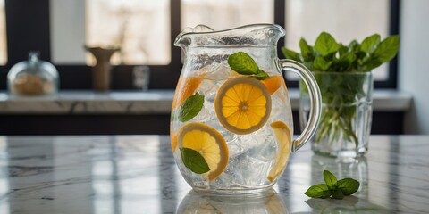Clear glass pitcher of citrus-infused water with lemon, lime, orange slices, and mint sprigs, condensation on glass.