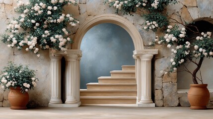 A magical pathway rich with greenery and blooming flowers guides visitors to ancient stone stairs in a serene, enchanted setting