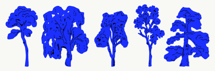 Hand drawn shape of spruce, birch, pine, willow tree simple figure. Blue sketch trees silhouette. Vector graphic illustration. © gorozhinak