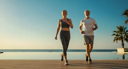 Woman and man  workout traning together with an infinity pool and ocean background at sunrise for an active lifestyle concept.