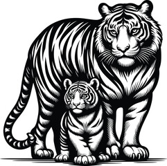 Protective Tigress and Cub silhouette vector illustration isolated on a white background
