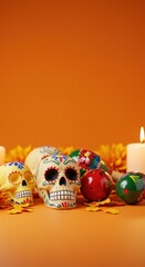 Naklejka premium Orange background, skulls, candles and maracas - mexican day of the dead