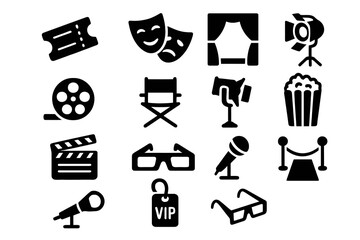 Black set of 12 showbiz icons. Minimal vector for theater, cinema, and cultural events.