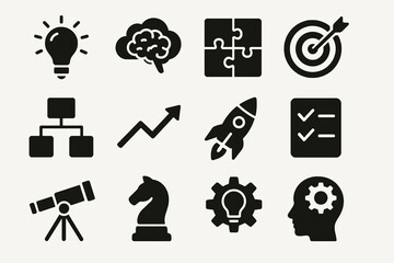 Black set of 12 creative icons. Minimal vector for planning, solutions, and business growth.