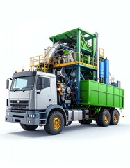 Fototapeta premium Industrial Truck with Complex Machinery and Green Container on White Background