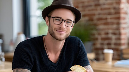 Man in a black cap laughs while savoring pizza in a cozy kitchen, capturing a delightful candid experience filled with warmth