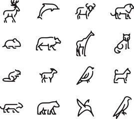 Wild Animal Line Icons – Safari and Zoo Animals Including Giraffe, Lion, Deer, and Kangaroo Vector Set