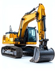 Powerful Yellow Excavator on White Background