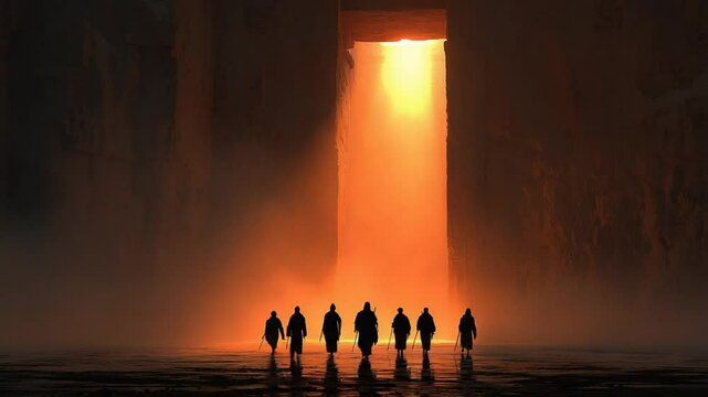 Mysterious journey: figures walking towards light from a monolithic structure