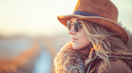 Stylish woman in brown hat and sunglasses enjoying sunset outdoors with warm atmosphere