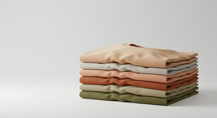 A neatly stacked pile of folded, neutral-toned t-shirts on a white surface.