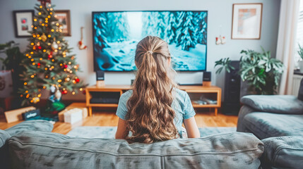 Young girl with long hair watching television in cozy living room with Christmas tree