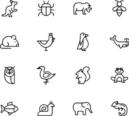 Animal Line Icons – Domestic and Wild Creatures Including Birds, Dogs, Cats, and Elephants in Outline Vector