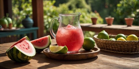 Hand pouring vibrant pink watermelon agua fresca from pitcher into ice-filled glass, sliced watermelon and lime on wood.