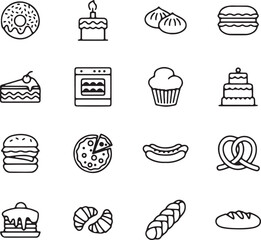 Bakery and Cake Icons – Bread, Cupcakes, Sweets, and Pastry Items in Outline Vector Style
