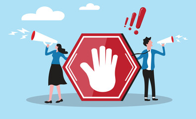 Forbidden warning, prohibition, don't do or stop rule, false or restriction, danger, bad hazard disallow message, illegal or ban concept, business people announce forbidden message with prohibit sign