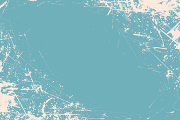 Scratched blue and white grunge background. Corner design. Distress weathered rough overlay texture with scratch lines. Grunge frame design with white paint spots. Winter texture 