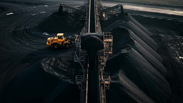 Aerial view of coal mine with yellow loader Conveyor belt transports material Dark, industrial landscape