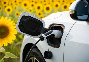 Electric car is charging against sunflower field, symbolizing sustainable energy and green future. For renewable energy, electric vehicles and environment, eco-friendly alternative energy for cars.