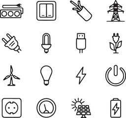 Electricity and Energy Line Icons – Bulbs, Battery, Plugs, Solar, and Power Source Vector Set,electricity icons, energy, bulbs, battery, plug, solar, power source, electrical, voltage, renewable