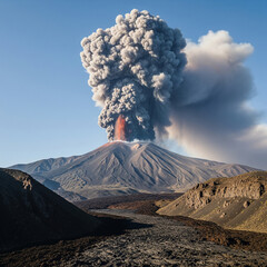 Large volcanic eruption with huge ash cloud and lava flows, demonstrating raw power of nature. Ideal for themes related to natural disasters, geology, extreme events and climate change.