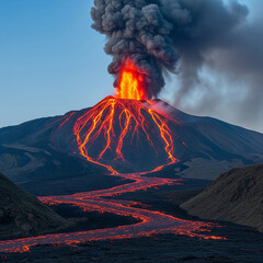 Volcanic eruption with bright orange lava flows and huge column of smoke flowing down the slope. Primordial power of nature. Geology, natural phenomena, disasters. Power and beauty of Earth.