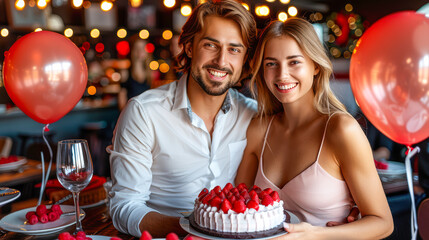 Couple celebrating special occasion with cake and balloons in a festive restaurant setting