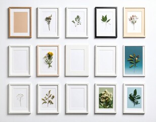 set of frames with flowers on white wall