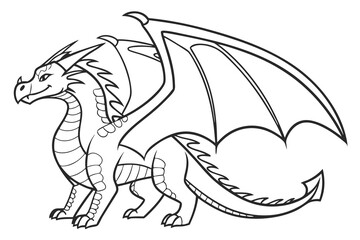Line art of a majestic dragon, suitable for a coloring page, simple lines, no shading, clear outlines, black and white