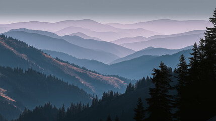 Obraz premium Hazy blue mountains contrasting with dark evergreen trees; ideal for nature backgrounds, travel brochures, outdoor adventure websites, and environmental designs.
