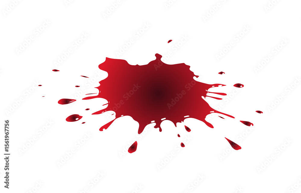 Poster a realistic depiction of a dark red blood splatter with small droplets and splashes isolated on a tr